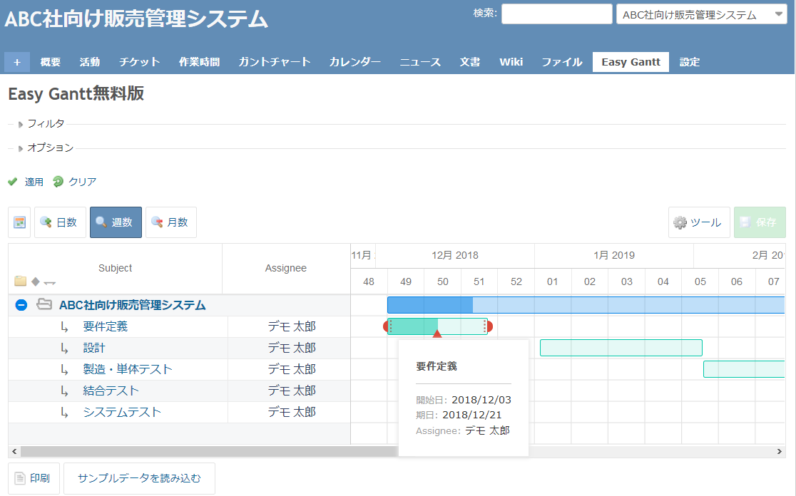 RedmineのEasy Ganttプラグインの画面