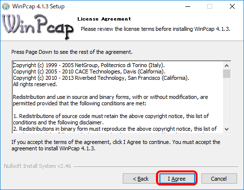 WinPcapのインストール開始画面