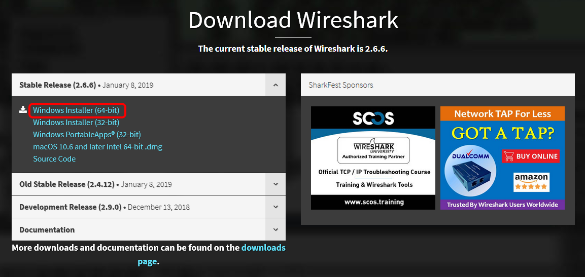 Wiresharkのダウンロードページ