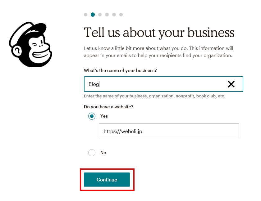 MailChimpのビジネス入力画面